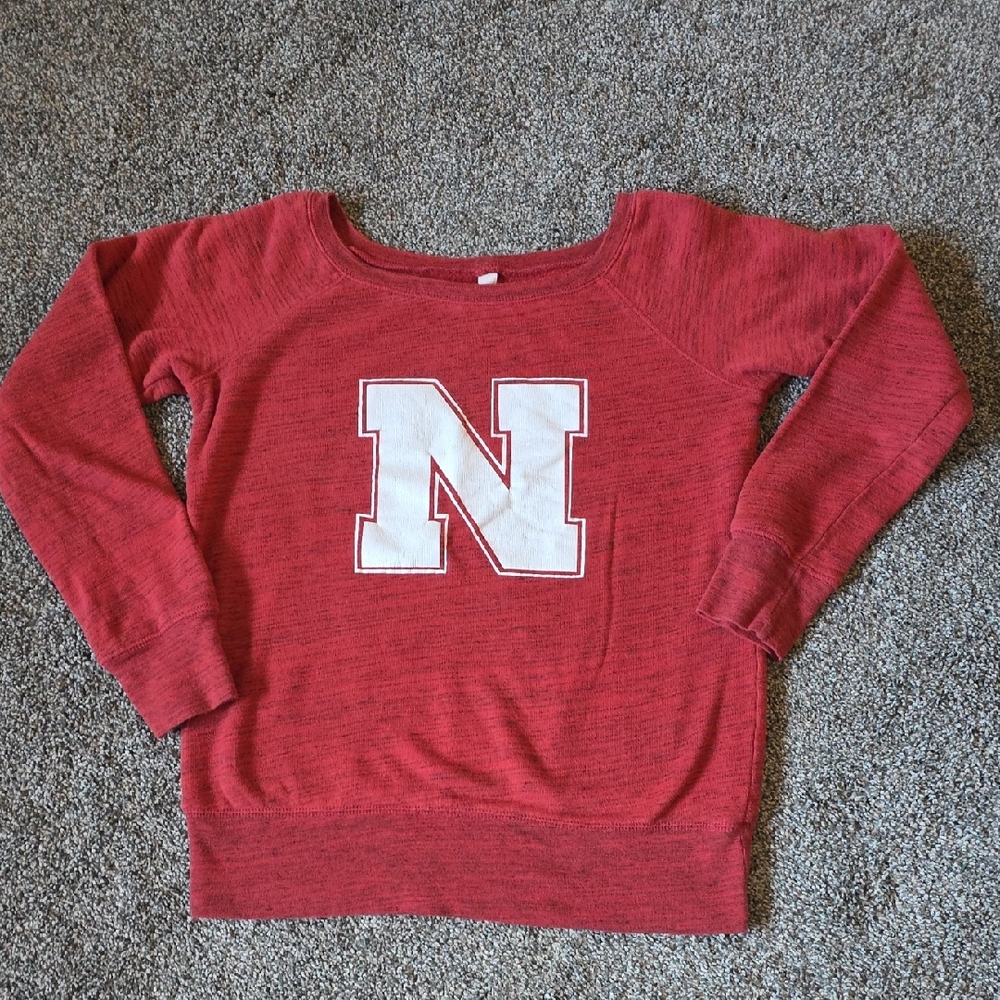 Bella Canvas Red Off-the-Shoulder Sweater with White N Logo